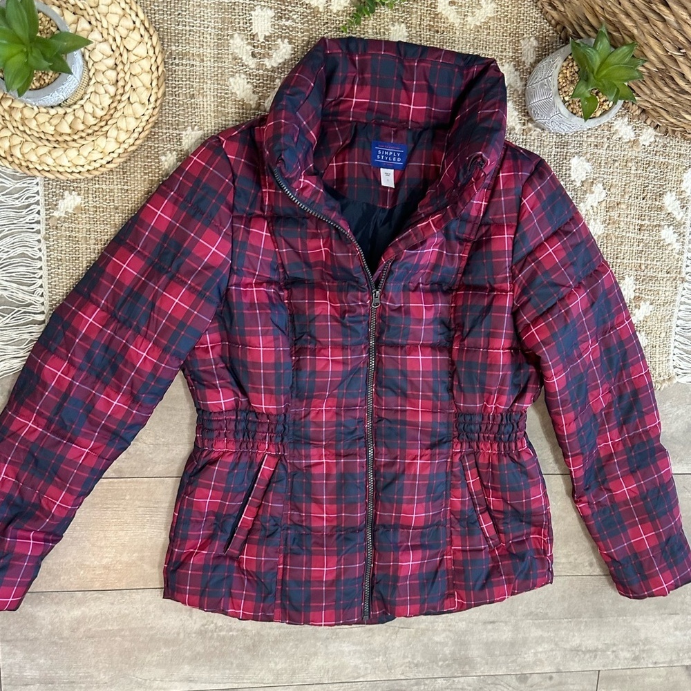 NEW Simply Styled Women’s Hidden Hooded Plaid Puffer Zip Jacket Coat Size Large